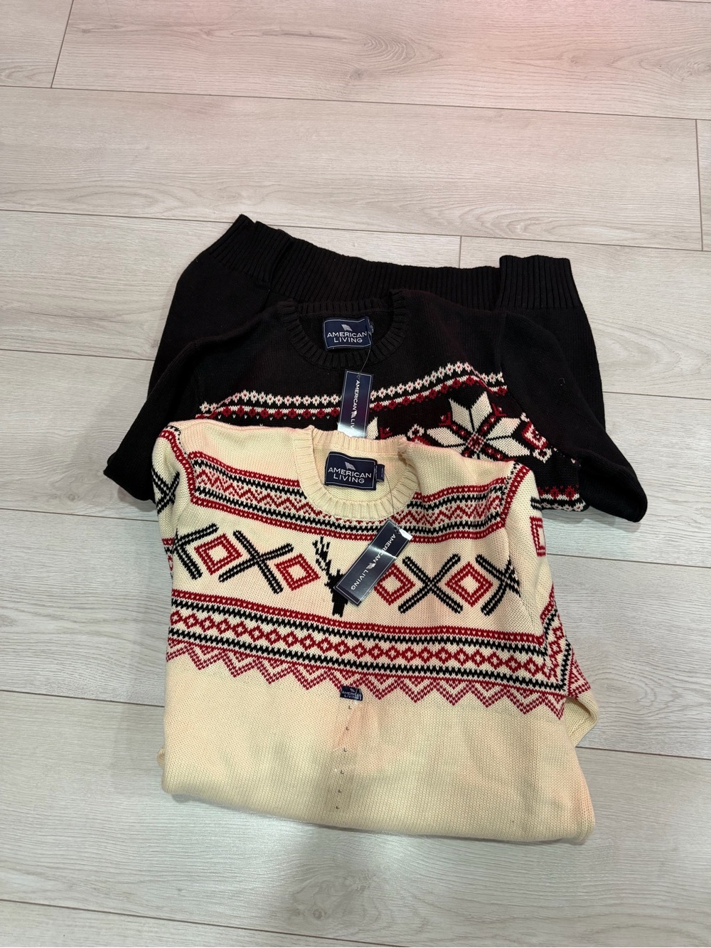 American Living Crewneck Sweaters in Cream and Black - Fair Isle Pattern
